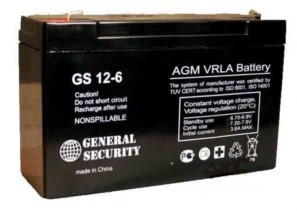 Аккумулятор для ИБП General Security GS 12-6 12А/ч-6V для UPS EN зажим (FASTON) 151x51x95